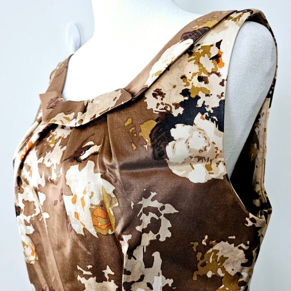 Size 10P Talbots Brown Floral Sleeveless Round Pleated Neck Tank Summer Fall - Picture 13 of 16